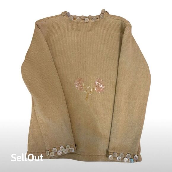 Storybook Knits Women's XS Beige Floral Embroidered Cardigan Sweater - Picture 3 of 7